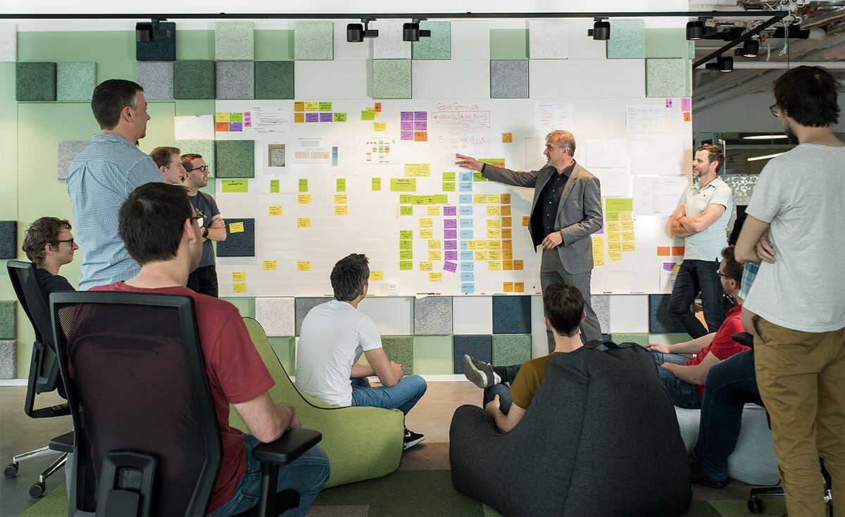 UX workshop with team co-creating digital product ideas using post-its and user insights